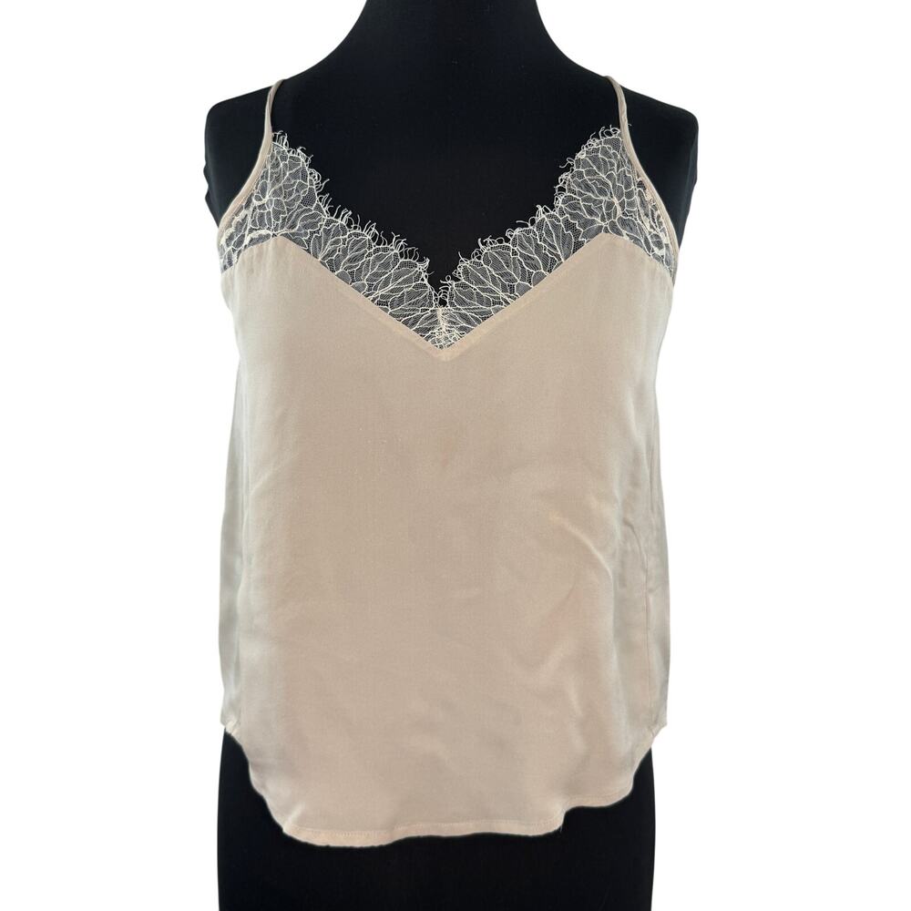Mason Beige Cami Top Silk Floral Lace Trim Sweetheart Curved Hem Pullover Size 2